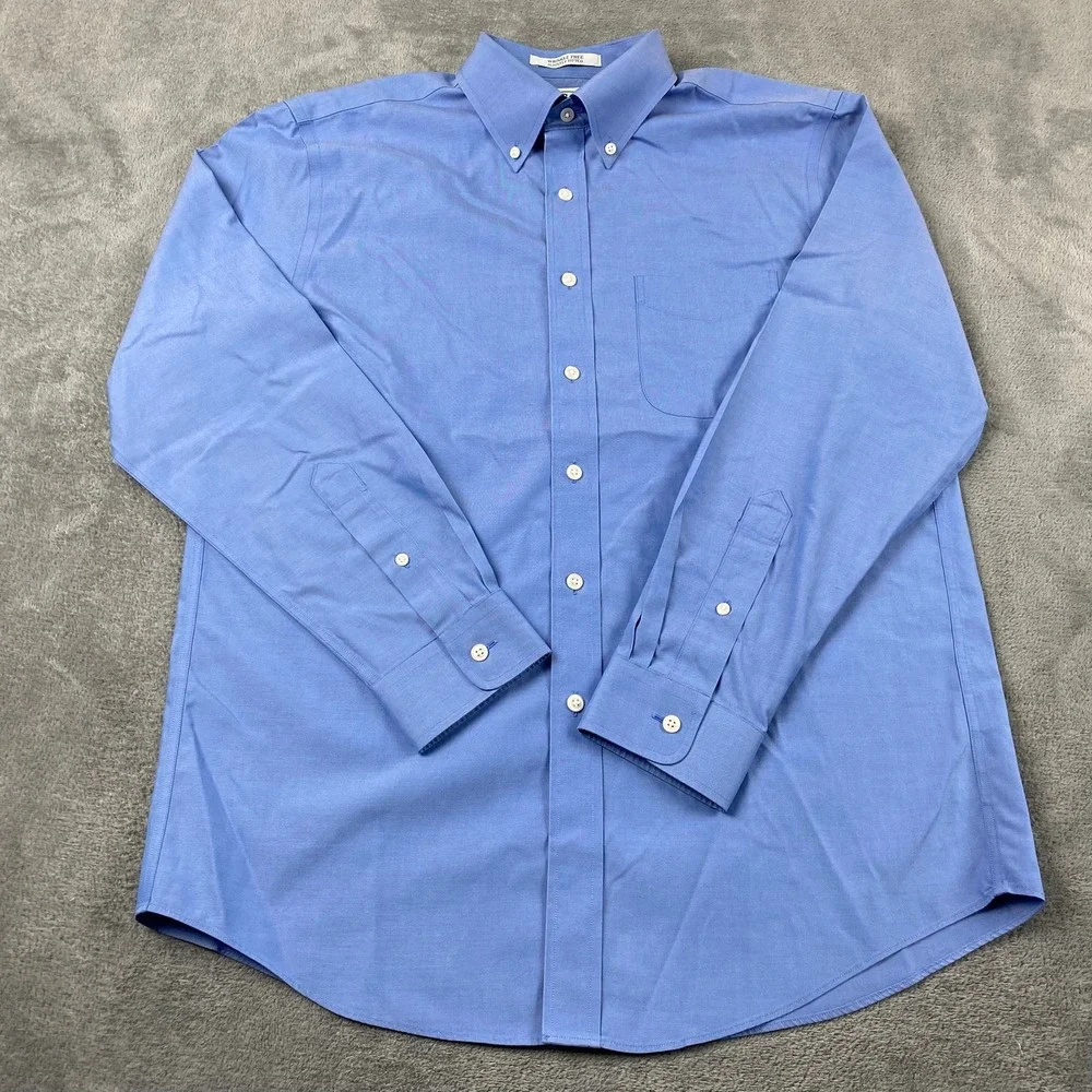 L.L.Bean Mens 15.5-33 Button Down Shirt Blue Wrinkle Free Slightly Fitted